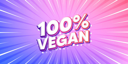 Vegan food sun rays gradient banner. Light burst background. 100 percent vegan tag. Organic bio food sign. Vegetarian product symbol. Gradient sun rays. Sunburst light. Vectorのイラスト素材