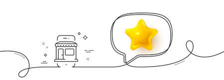 Marketplace app line icon. Continuous line with 3d star. Online store sign. Retail phone application symbol. 3d star in speech bubble. Marketplace single line ribbon. Loop curve pattern. Vectorのイラスト素材
