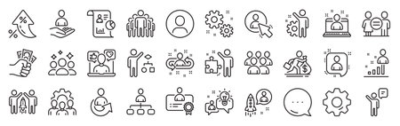 Management line icons. Settings gear, Message, Inflation icons. Set of Business audit, Startup strategy and Employee icons. Business strategy, Startup and Teamwork. Vectorのイラスト素材