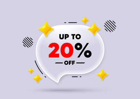 Discount tag chat speech bubble. Social media concept. Up to 20 percent off sale. Discount offer price sign. Special offer symbol. Save 20 percentages. 3d sparkles chat bubble. Vectorのイラスト素材