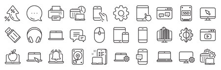 Mobile device line icons. Settings gear, Message, Inflation icons. Laptop, Tablet PC and Smartphone icons. HDD, SSD and Flash drive. Headphones, Printer and tablet device. Vectorのイラスト素材