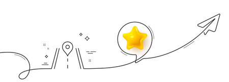 Road line icon. Continuous line with share plane. Journey path sign. Highway route gps symbol. 3d star in speech bubble. Road single line ribbon. Loop curve pattern. Vectorのイラスト素材