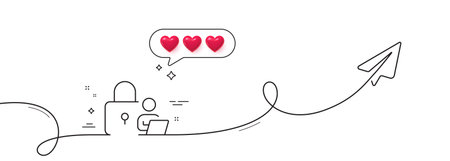 Lock line icon. Continuous line with share plane. Security access sign. Online padlock symbol. Hearts rate review in speech bubble. Lock single line ribbon. Loop curve pattern. Vectorのイラスト素材