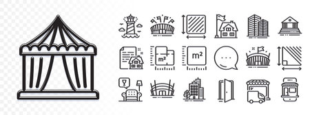 Lease contract, Building and Square area line icons for web app. Glare of light effect. Message icon. Pack of Court building, Lighthouse, Arena stadium pictogram icons. Vectorのイラスト素材