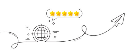 Seo target line icon. Continuous line with share plane. Search engine optimization sign. Internet symbol. Five star rate review in speech bubble. Seo internet single line ribbon. Vectorのイラスト素材