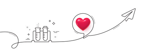 Chemistry beaker line icon. Continuous line with share plane. Laboratory flask sign. Analysis lab symbol. 3d heart in speech bubble. Chemistry beaker single line ribbon. Loop curve pattern. Vectorのイラスト素材