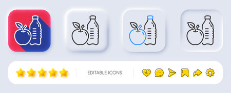 Healthy food and drink line icon. Neumorphic, Flat shadow, 3d buttons. Water with apple sign. Gym fit bottle symbol. Line healthy food icon. Social media icons. Vectorのイラスト素材