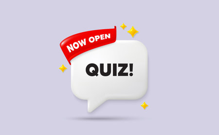 Quiz chat speech bubble. Now open flag ribbon. Quiz tag. Answer question sign. Examination test...