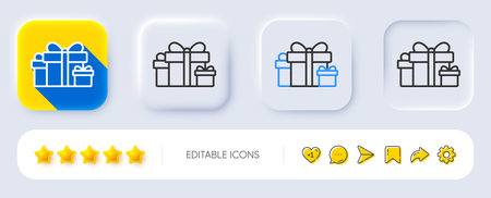 Gift boxes line icon. Neumorphic, Flat shadow, 3d buttons. Present or Sale sign. Birthday Shopping symbol. Package in Gift Wrap. Line holiday presents icon. Social media icons. Vectorのイラスト素材