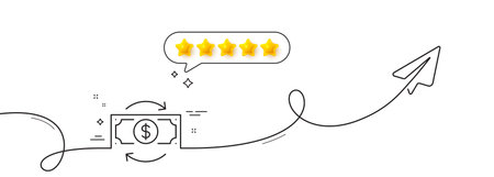 Money change line icon. Continuous line with share plane. Currency exchange sign. Financial reinvestment symbol. Five star rate review in speech bubble. Money change single line ribbon. Vectorのイラスト素材