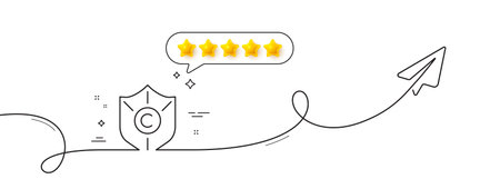 Copyright protection line icon. Continuous line with share plane. Copywriting sign. Shield symbol. Five star rate review in speech bubble. Copyright protection single line ribbon. Vectorのイラスト素材