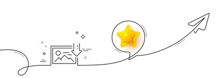 Download photo line icon. Continuous line with share plane. Image thumbnail sign. Picture placeholder symbol. 3d star in speech bubble. Download photo single line ribbon. Loop curve pattern. Vectorのイラスト素材