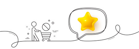 Stop shopping line icon. Continuous line with 3d star. No panic buying sign. Man with shopping cart symbol. 3d star in speech bubble. Stop shopping single line ribbon. Loop curve pattern. Vectorのイラスト素材