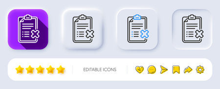 Reject checklist line icon. Neumorphic, Flat shadow, 3d buttons. Decline document sign. Delete file. Line reject checklist icon. Social media icons. Vectorのイラスト素材