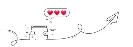 Lock line icon. Continuous line with share plane. Protected wallet sign. Money protection symbol. Hearts rate review in speech bubble. Lock single line ribbon. Loop curve pattern. Vectorのイラスト素材