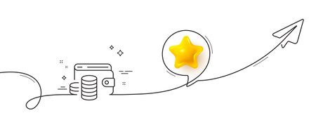 Wallet money line icon. Continuous line with share plane. Cash coins sign. Business income symbol. 3d star in speech bubble. Wallet money single line ribbon. Loop curve pattern. Vectorのイラスト素材