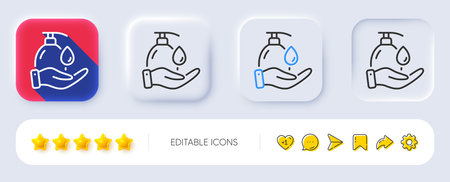 Wash hands line icon. Neumorphic, Flat shadow, 3d buttons. Covid hygiene sign. Washing liquid symbol. Line wash hands icon. Social media icons. Vectorのイラスト素材