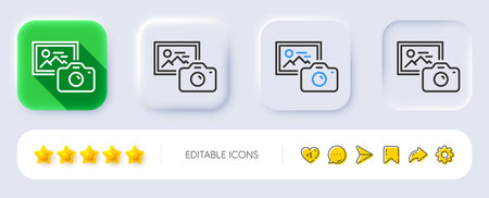 Photo camera line icon. Neumorphic, Flat shadow, 3d buttons. Image photography sign. Picture placeholder symbol. Line photo camera icon. Social media icons. Vectorのイラスト素材