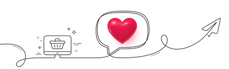Online Shopping cart line icon. Continuous line with share plane. Monitor sign. Supermarket basket symbol. 3d heart in speech bubble. Web shop single line ribbon. Loop curve pattern. Vectorのイラスト素材