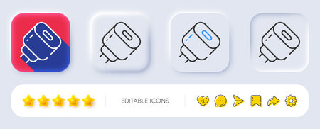 Charging adapter line icon. Neumorphic, Flat shadow, 3d buttons. Mobile accessories sign. Charging plug symbol. Line charging adapter icon. Social media icons. Vectorのイラスト素材