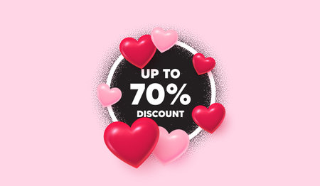 Discount tag picture frame banner. Circle photo frame. Up to 70 percent discount. Sale offer price sign. Special offer symbol. Save 70 percentages. 3d hearts balloons. Grain dots pattern. Vectorのイラスト素材