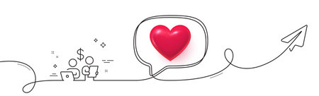Budget accounting line icon. Continuous line with share plane. Money investment sign. Stock shares traders symbol. 3d heart in speech bubble. Budget accounting single line ribbon. Vectorのイラスト素材
