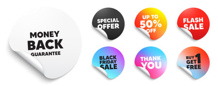 Money back guarantee sticker tag. Special offer paper price tags. Money back guarantee tag. Promo offer sign. Advertising promotion symbol. Discount, black friday sticker. Promo banner. Vectorのイラスト素材