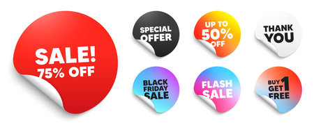 Sale red sticker tag. Special offer paper price tags. Sale 75 percent off discount. Promotion price offer sign. Retail badge symbol. Discount, black friday sticker. Promo banner. Vectorのイラスト素材