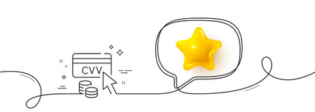 CVV code line icon. Continuous line with 3d star. Credit card sign. Online money symbol. 3d star in...