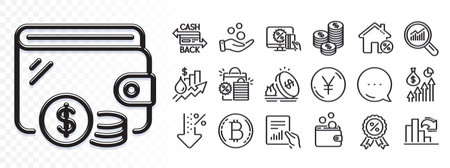 Coins, Donation money and Decreasing graph line icons for web app. Glare of light effect. Message icon. Pack of Cashback card, Bitcoin, Salary pictogram icons. Vectorのイラスト素材