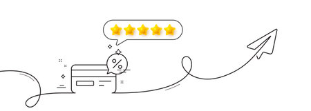 Credit card line icon. Continuous line with share plane. Banking Payment card with Discount sign. Cashback service symbol. Five star rate review in speech bubble. Cashback single line ribbon. Vectorのイラスト素材