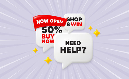 Need help speech bubbles. Now open flag ribbon. Need help tag. Support service sign. Faq information symbol. Discount chat bubbles with 3d sparkles. Vectorのイラスト素材