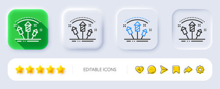 Fireworks rocket line icon. Neumorphic, Flat shadow, 3d buttons. Pyrotechnic salute sign. Carnival...