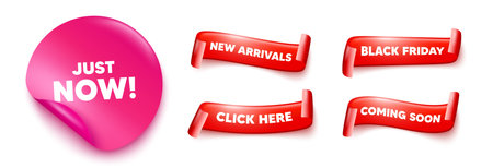 Just now sticker, offer ribbons. Black friday, coming soon. Just now tag. Special offer sign. Sale promotion symbol. Pink sticker tag. Flag ribbon banners. Vectorのイラスト素材