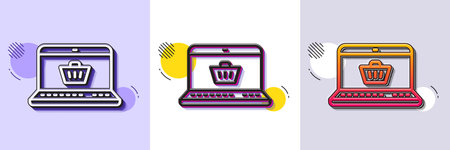 Online Shopping cart line icon. Halftone dotted pattern. Gradient icon with grain shadow. Laptop sign. Supermarket basket symbol. Line online shopping icon. Various designs. Vectorのイラスト素材