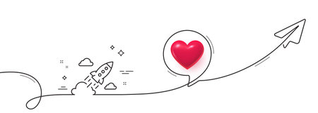 Startup rocket line icon. Continuous line with share plane. Launch Project sign. Innovation symbol. 3d heart in speech bubble. Startup rocket single line ribbon. Loop curve pattern. Vectorのイラスト素材