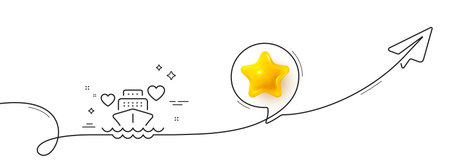 Honeymoon travel line icon. Continuous line with share plane. Love trip sign. Valentines day cruise symbol. 3d star in speech bubble. Honeymoon cruise single line ribbon. Loop curve pattern. Vectorのイラスト素材