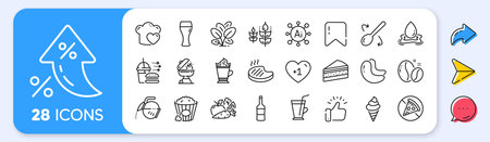 Water splash, Coffee pot and Grilled steak line icons. Interest rate, AI generate, Inflation icons. Pack of Coffee cup, Love cooking, Wine icon. Popcorn, Gluten free, Vegetables pictogram. Vectorのイラスト素材