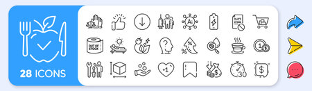 Internet shopping, Usd coins and Box size line icons. Interest rate, AI generate, Inflation icons. Pack of Coffee cup, Battery charging, Payment message icon. Vectorのイラスト素材