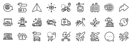 Metro, Web inventory and Destination flag line icons pack. Share, Message, Paper plane icons. Plane, Baby carriage, World globe web icon. Charging time, Eco power, Online storage pictogram. Vectorのイラスト素材