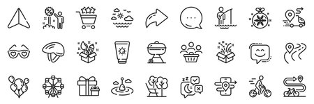 Love glasses, Ferris wheel and Surprise package line icons pack. Share, Message, Paper plane icons. Shopping rating, Fisherman, Smile face web icon. Buyers, Deckchair, Travel sea pictogram. Vectorのイラスト素材