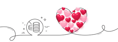 No cash line icon. Continuous line big heart. Tax free sign. Coins money symbol. 3d hearts in heart shaped loop. No cash single line ribbon. Loop curve pattern. Vectorのイラスト素材