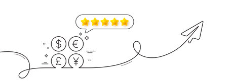 Money currency line icon. Continuous line with share plane. Cash exchange sign. Stock trade symbol. Five star rate review in speech bubble. Money currency single line ribbon. Vectorのイラスト素材