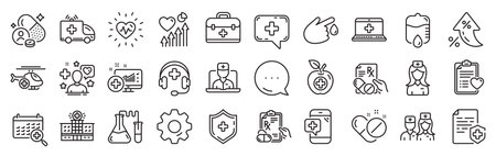 Medical rx line icons. Settings gear, Message, Inflation icons. Hospital assistance, Ambulance, Health food diet, Laboratory tubes icons. First aid kit, Medical doctor, Prescription Rx recipe. Vectorのイラスト素材