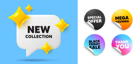 New collection speech bubble, sticker tags. Offer, Black friday stickers. New collection tag. New fashion arrival sign. Advertising offer symbol. Thank you tag. 3d sparkle chat bubble. Vectorのイラスト素材