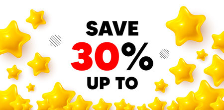 Discount winner banner with 3d stars. Golden stars banner. Save up to 30 percent tag. Discount Sale...