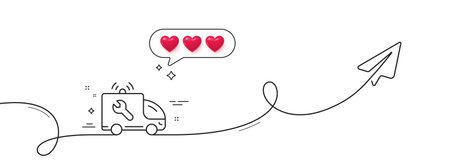 Spanner tool line icon. Continuous line with share plane. Car repair service sign. Fix instruments symbol. Hearts rate review in speech bubble. Car service single line ribbon. Vectorのイラスト素材