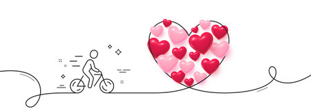Cyclist line icon. Continuous line big heart. Ride a bike sign. Outdoor and city transport symbol. 3d hearts in heart shaped loop. Cyclist single line ribbon. Loop curve pattern. Vectorのイラスト素材