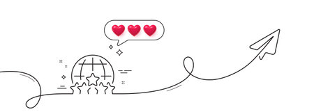 Global business line icon. Continuous line with share plane. Outsourcing rating sign. Stock-market rank symbol. Hearts rate review in speech bubble. Rating stars single line ribbon. Vectorのイラスト素材