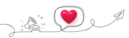 Burger line icon. Continuous line with share plane. Fastfood offer sign. Cheeseburger promotion symbol. 3d heart in speech bubble. Burger single line ribbon. Loop curve pattern. Vectorのイラスト素材